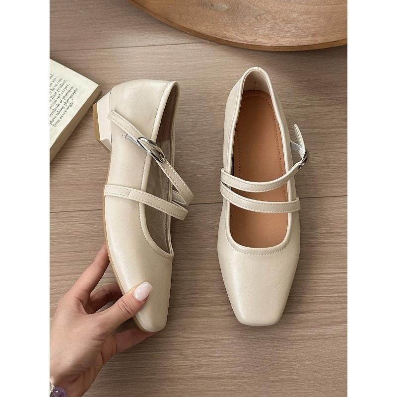 French retro square head Mary Jane shoes women's 2025 new light mouth thick heel flat bottom small leather shoes evening gentle single shoes