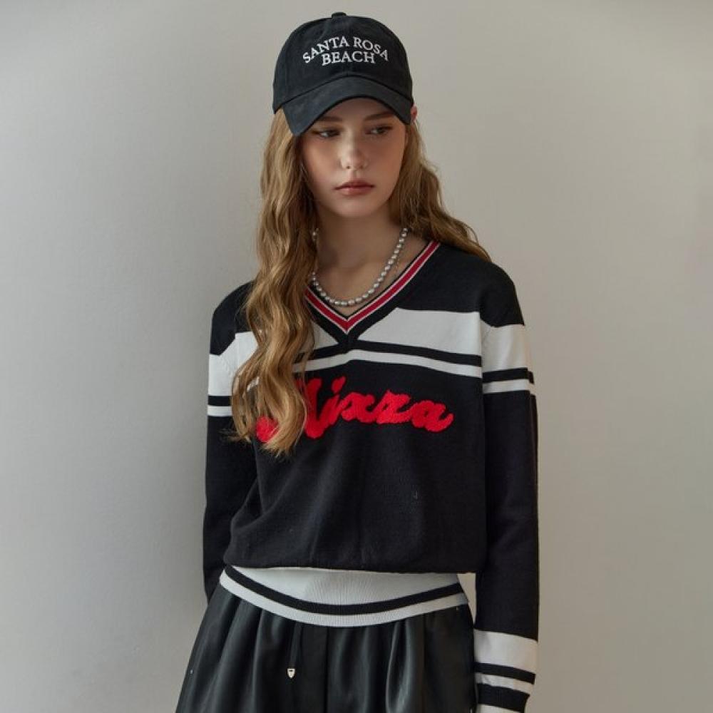 Maxza Boucle Lettering Colorblock V Neck Knit Ze11qk502na blacks/FREE