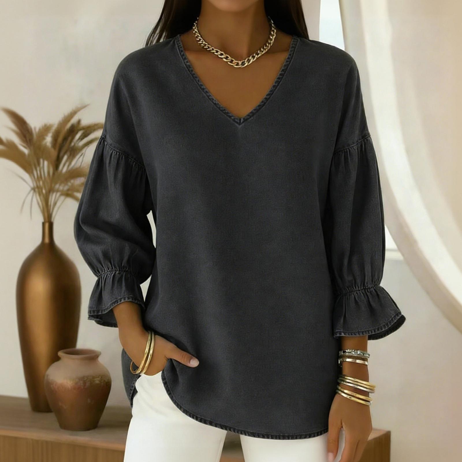 Women s -color Casual Nine-quarter Sleeve Retro V-neck Shirt L