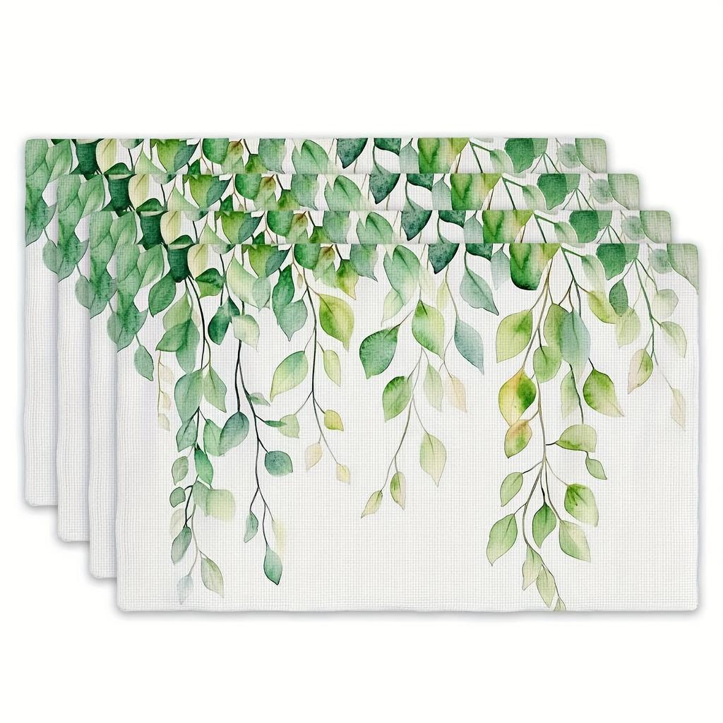4pcs Set of Placemats - Fresh Green Leaves Vine Pattern Rectangular Kitchen Table Mats (12 inches x 18 inches), Suitable for Hol