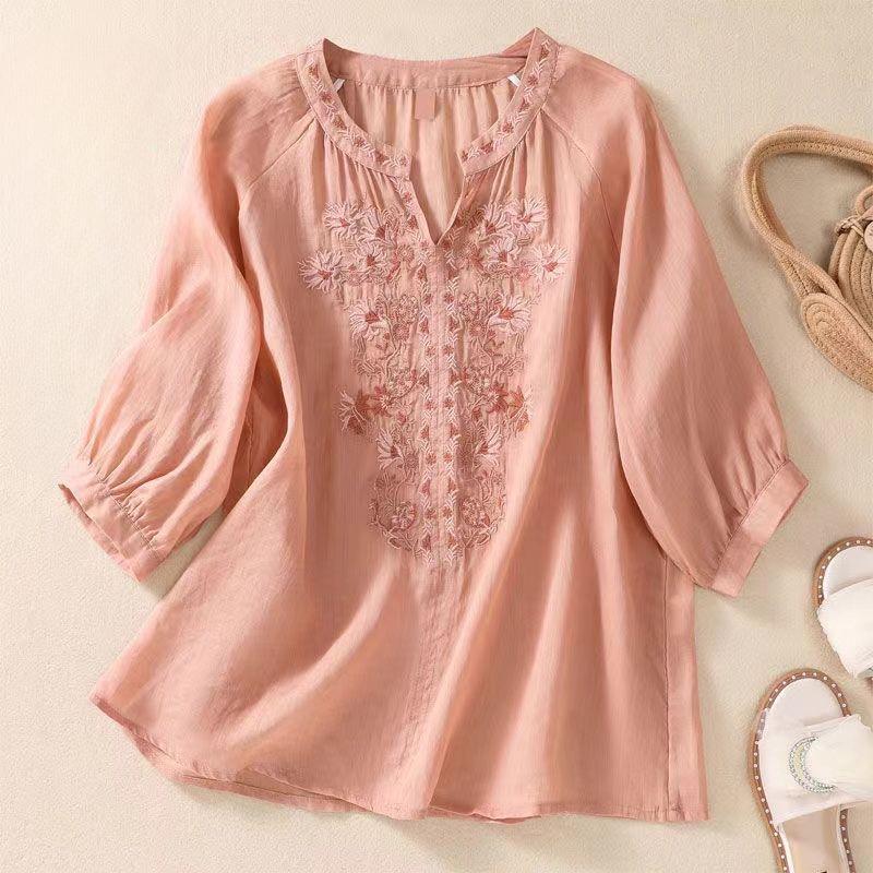 New Shirt T-shirt Solid Color Literary Retro Embroidery Loose V-neck Pullover Top