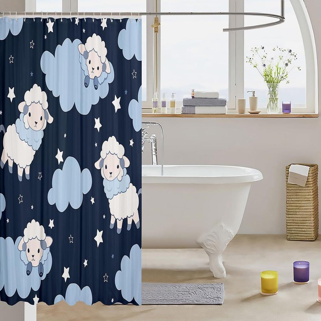 Cute Sheep Shower Curtain Kawaii Animal Waterproof Bathroom Curtain, Glitter Stars Bath Curtain Starry Night Shower Curtain Set