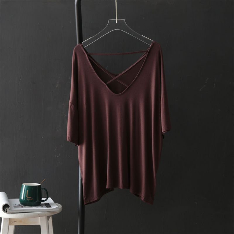 

Футболка с короткими рукавами, женская летняя тонкая свободная повседневная рубашка с V-образным вырезом и открытой спиной, нестандартный топ XL коричневый
