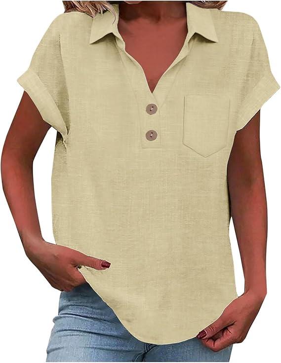 European Women's Cotton Linen Short Sleeve Lapel Button Shirt