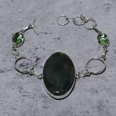 Natürlicher indischer Moosachat, Peridot-Stein, 925er Sterling-Silber-Armband, 17,8–20,3 cm, u2C19