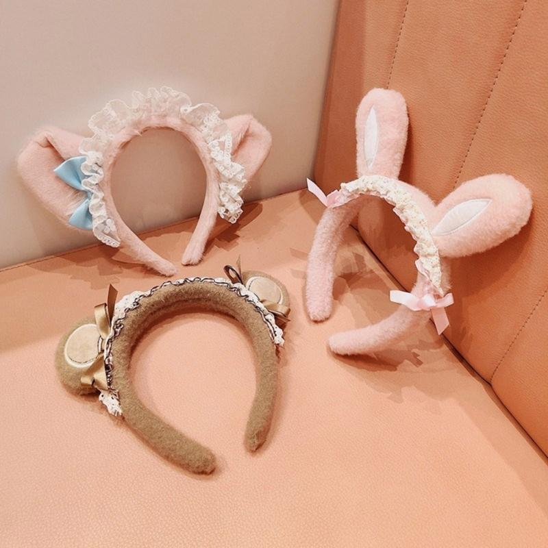 Girl Rabbits Headbands Bowknot Bear Furry Headwear Hairbands Fun Headwear