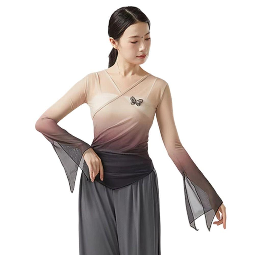 Chinese Hanfu Saree Blouse Gradient Dance Mesh Top Fashion Performance Training Costumes  Women