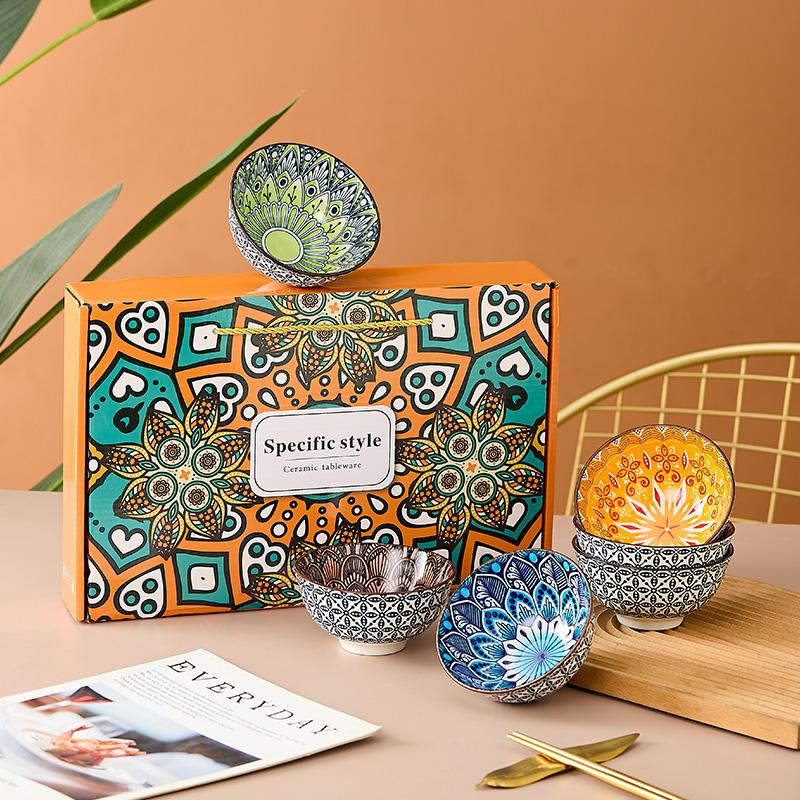 6-Piece Bohemian Mandala Ceramic Bowls - Dishwasher & Microwave Safe, Perfect for Cereal, Soup, Pasta, Salad, Ice Cream Bowls