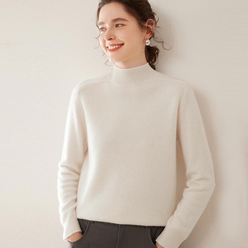 Women's Heavyweight Cashmere Half-High Collar Knit Sweater with Saddle Shoulders