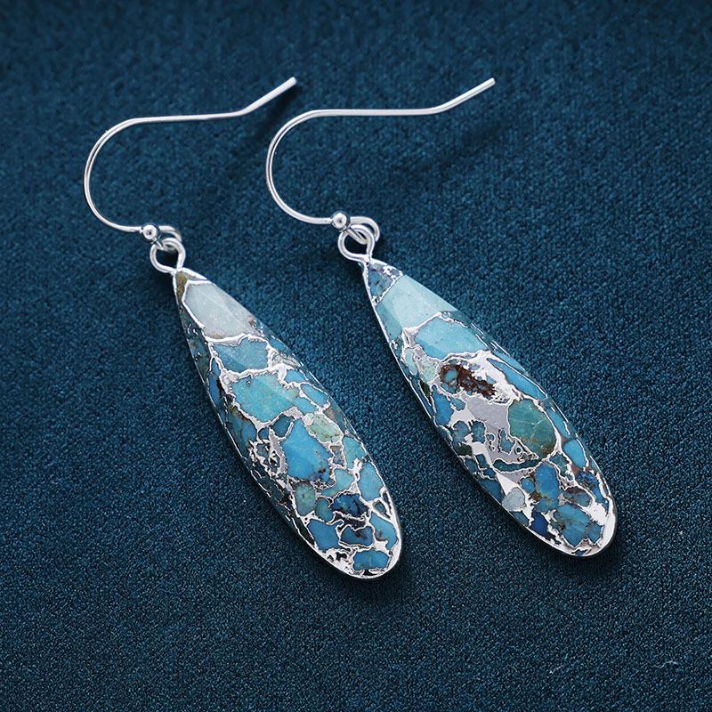 Natural Turquoise Long Water Droplet Earrings, Hook Earrings, European and American Bohemian Popular Accessories