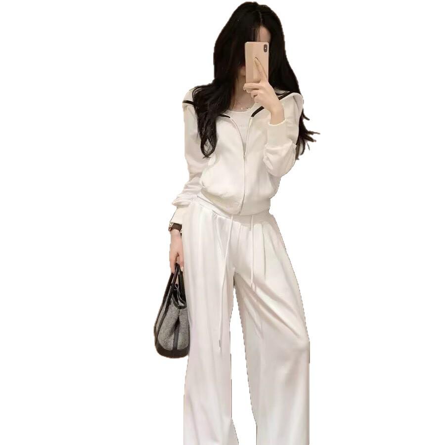 Korean Style Spring 2026 Women's White Hoodie & Wide-Leg Pants Casual Set