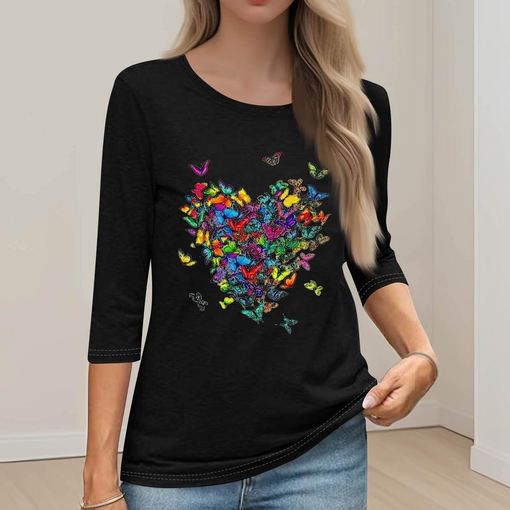 Women's Fashion Loose Casual Seven 3/4 Sleeve Printed Round Neck Pullover Top