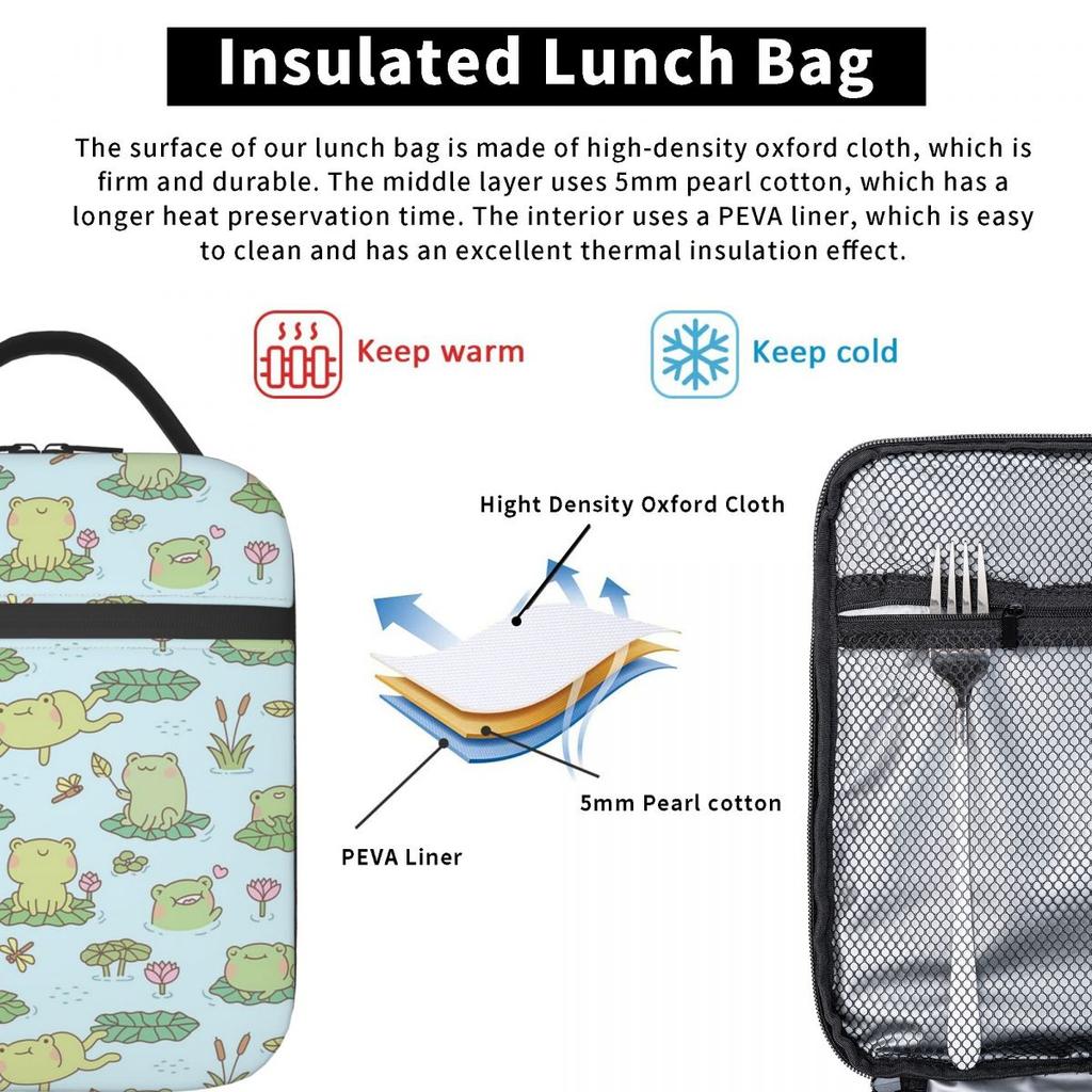 Sac à lunch isotherme motif grenouille mignonne de dessin animé sur feuilles de lotus pour femmes enfants Boîtes alimentaires portables Boîte à lunch thermique Sac fourre-tout