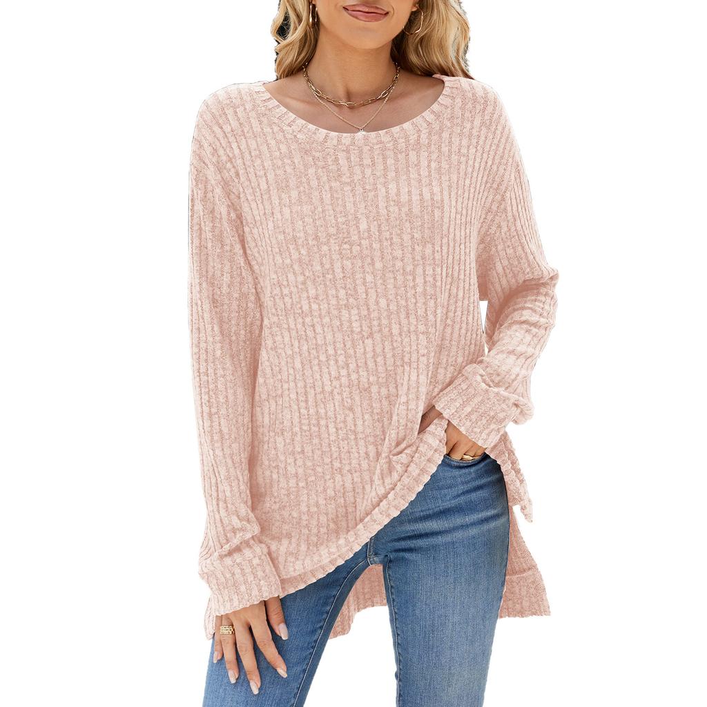 Women's Round Neck Long Sleeve Knit Top Loose Fit Commuter Style Brushed Ribbed Split Hem Casual Pullover Tunic Top