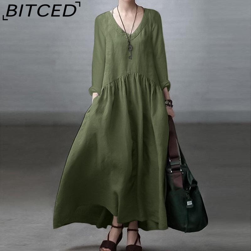 

Хлопковое повседневное женское платье с V-образным вырезом и длинным рукавом повседневные платья XXXXXL зелёный