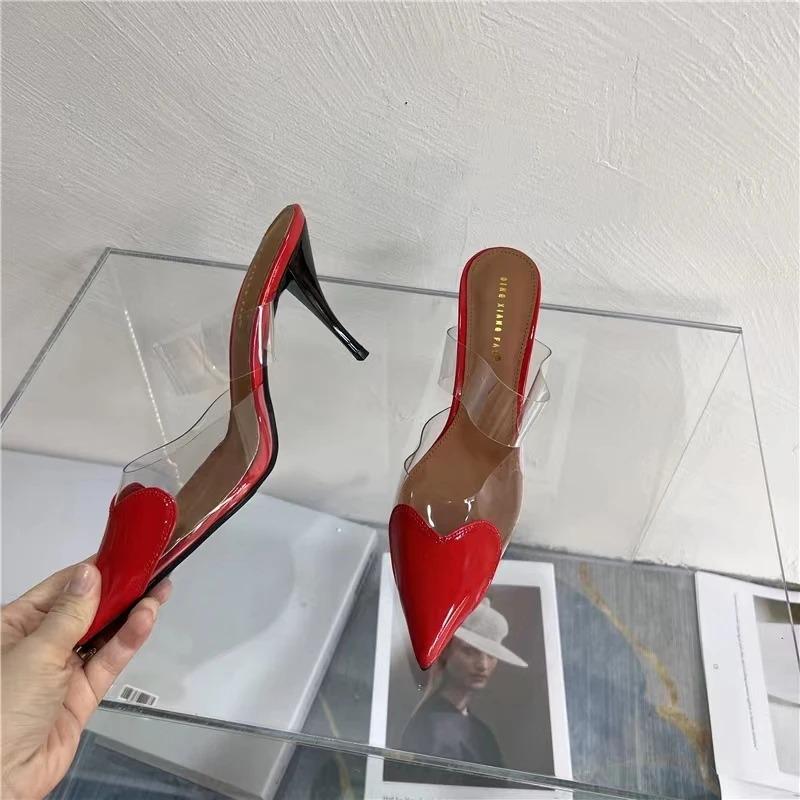 Pantofi stiletto din piele lăcuită PVC, sandale cu barete, vârf ascuțit, detaliu inimă pe degete, papuci cu toc înalt, pantofi de nuntă pentru femei