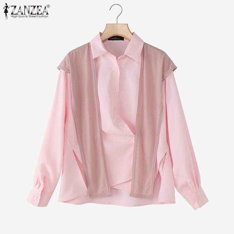 ZANZEA Women Patchwork Turn Down Collar Casual Long Sleeve Blouse