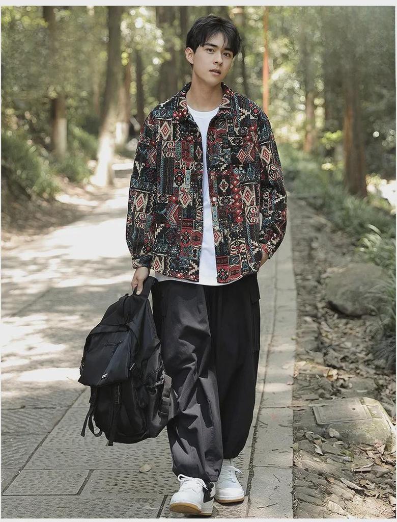 Men's Retro Jacquard Embroidered Workwear Jacket - Loose Hip-Hop Style for Spring and Autumn