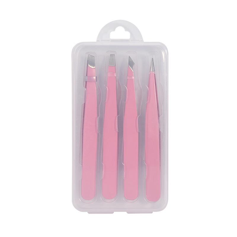 Pink Stainless Steel High Precision Slanted Eyebrow Tweezers with Pointed Hook in Plastic Box Set.