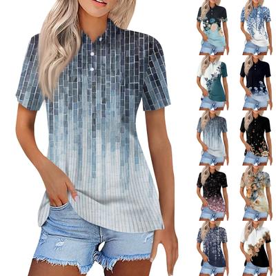 Women's Fashion Casual Lapel Short Sleeve Line Print Shirt Women's Button Up Tops