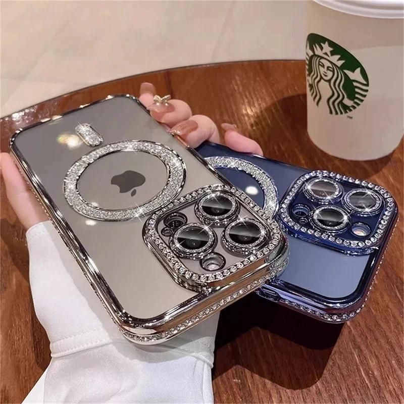 For iPhone 16E Pro Max Luxury Magsafe Magnetic Plating Flash Diamond Phone Case For iPhone 11 12 13 14 15 Plus Rhinestone Cover