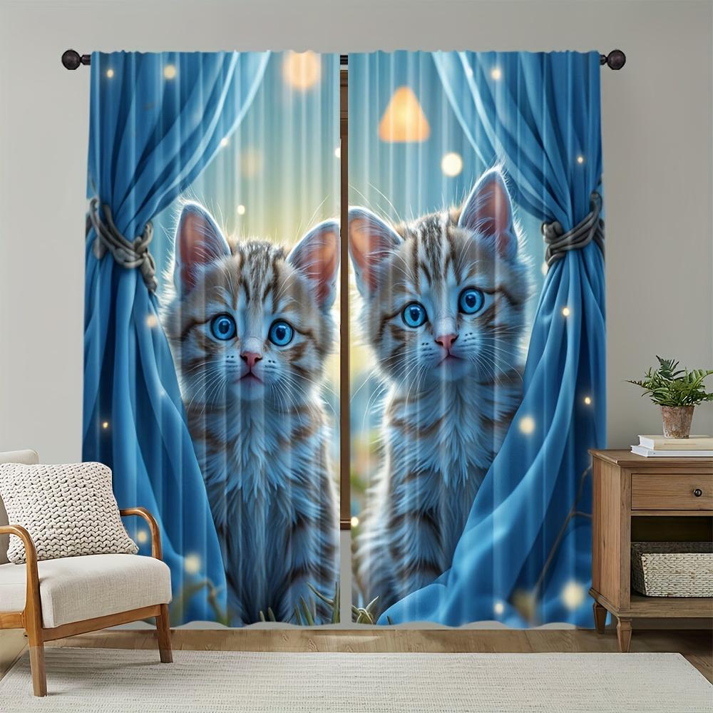 

Blue Cat Curtains Polyester Rodless Design Bedroom Living Room Kitchen Study Home Decor Light Blocking Made Of Sitting Window Treatment W100*H70(CM)-Hooks&1PCS