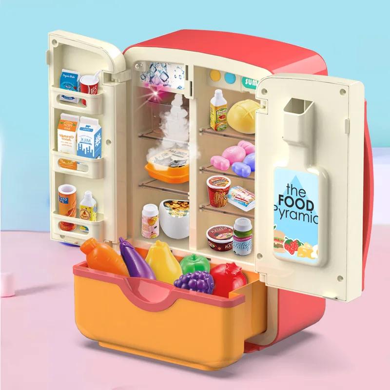 Non-Toxic Children Play House Toy Simulation Electric Refrigerator Kitchen Pretend Play Game With Light Spray Toys For Children Christmas Gift