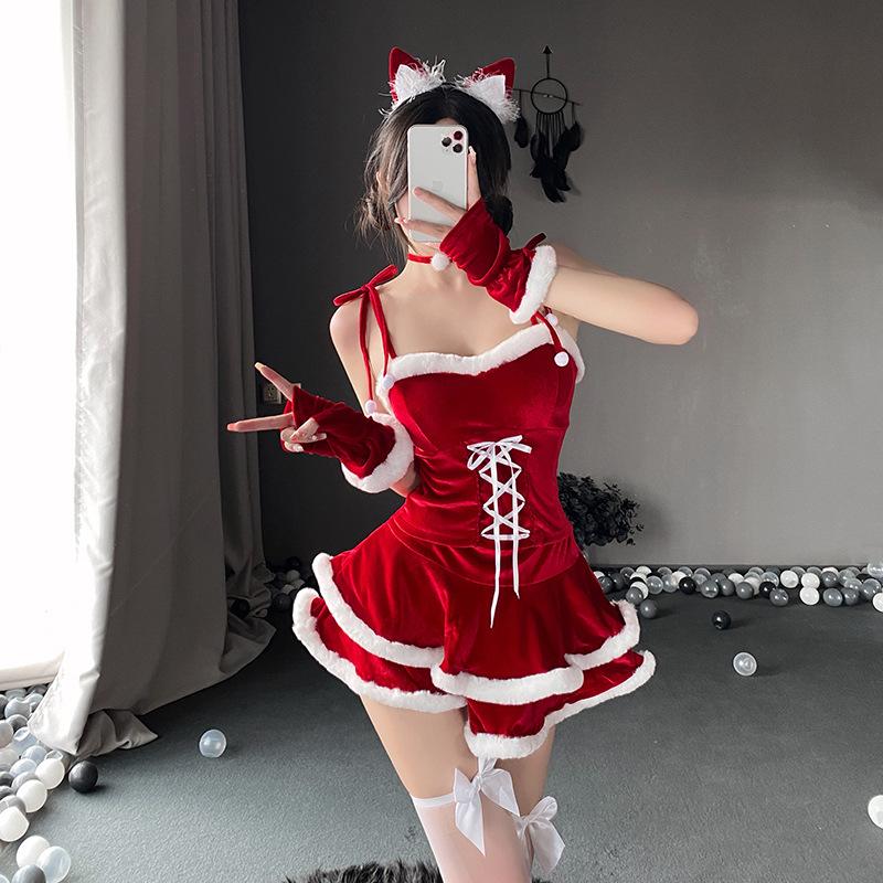 Christmas Lingerie Cosplay Costumes Plush Red Sexy Santa Claus Lingerie Set Backless Nightie Sleepwear Outfits Cat Girl Uniform with Gloves Cloak