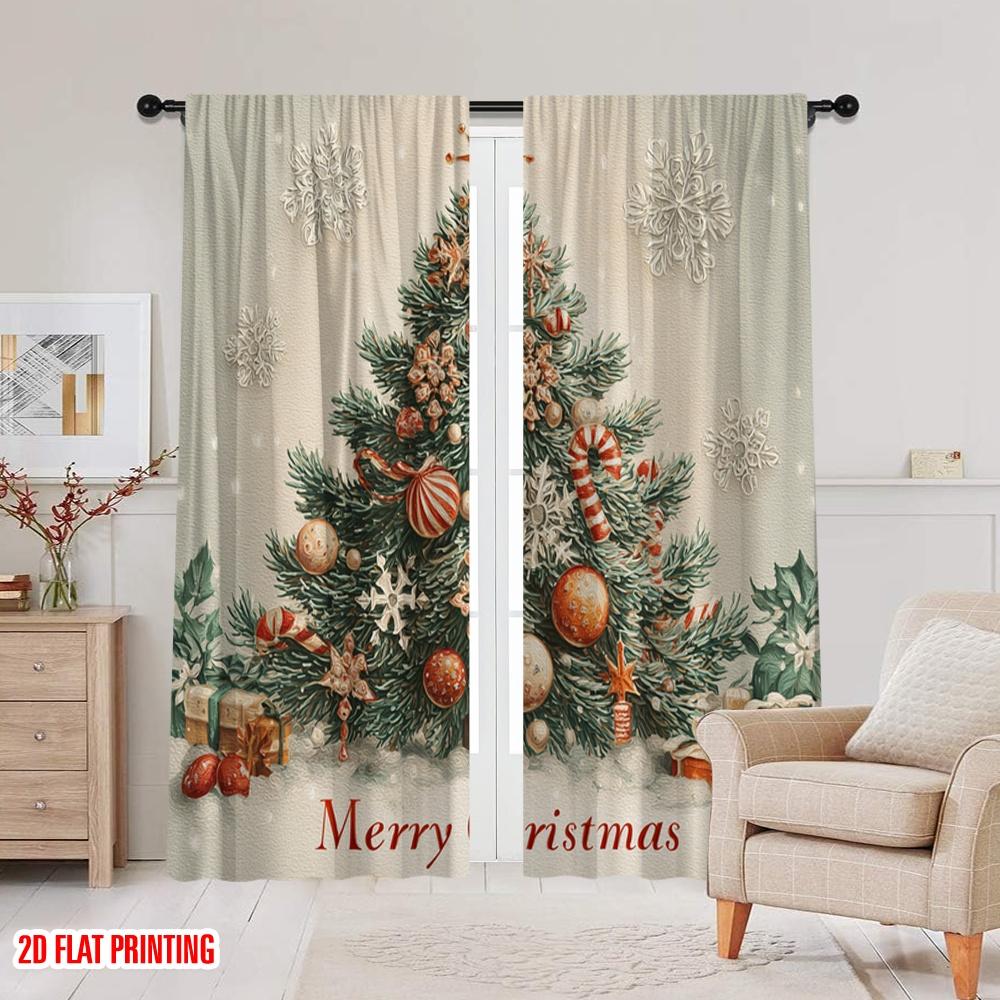 2pcs,2D plane printing Curtains&Window Treatment Christmas Tree (2) Versatile Polyester Fabric (without rod) Decorations Inside