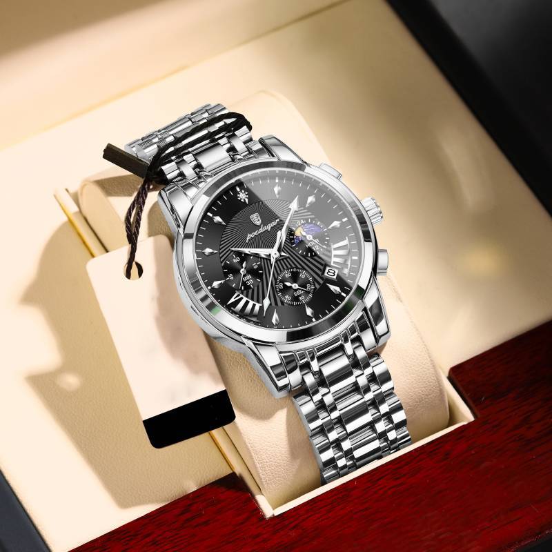 Swiss Mens Watch With Luminous Dial Moon Phase Chronograph For Sports And Casual Wear
