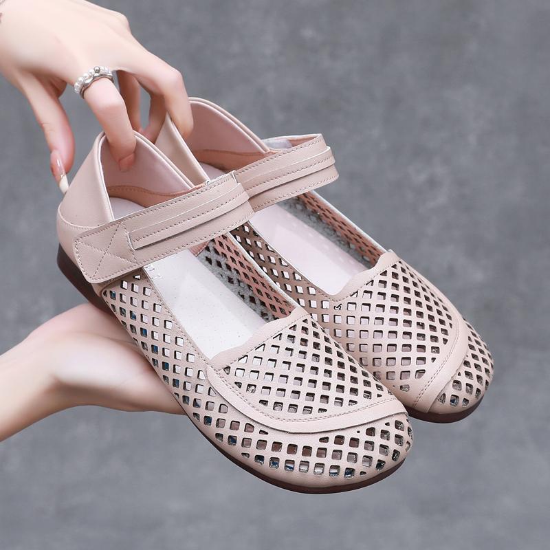 GKTINOO 2025 Summer Genuine Leather Hollow Shoes Woman Sandals Casual Mother Flat Soft Sole Comfortable Sandals Non-slip