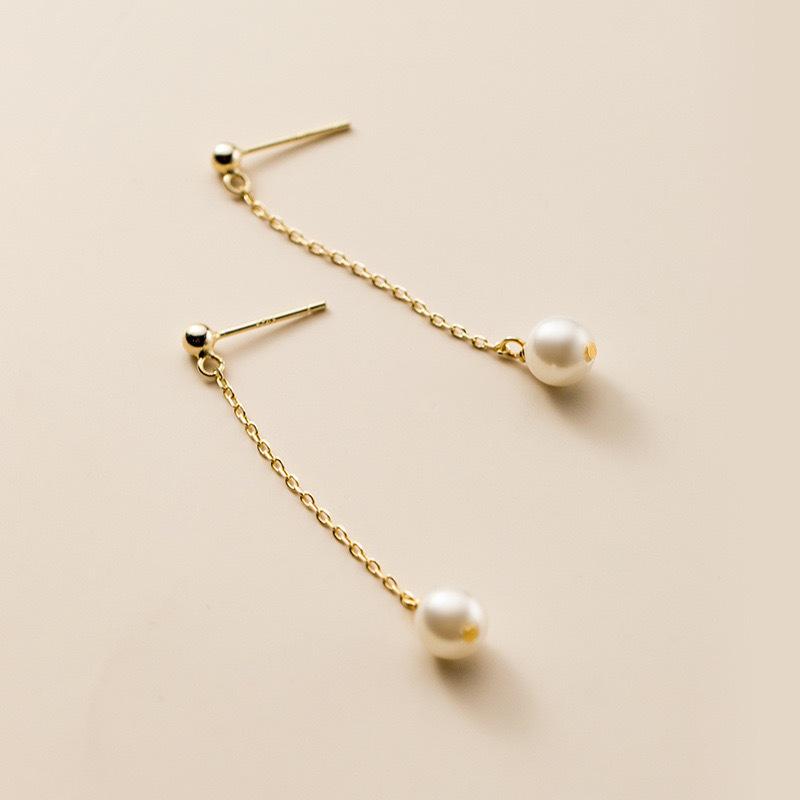 Beixi Silverware S925 Sterling Silver Women's Faux Pearl Tassel Ear Studs - High-End, Fashionable, Long Style