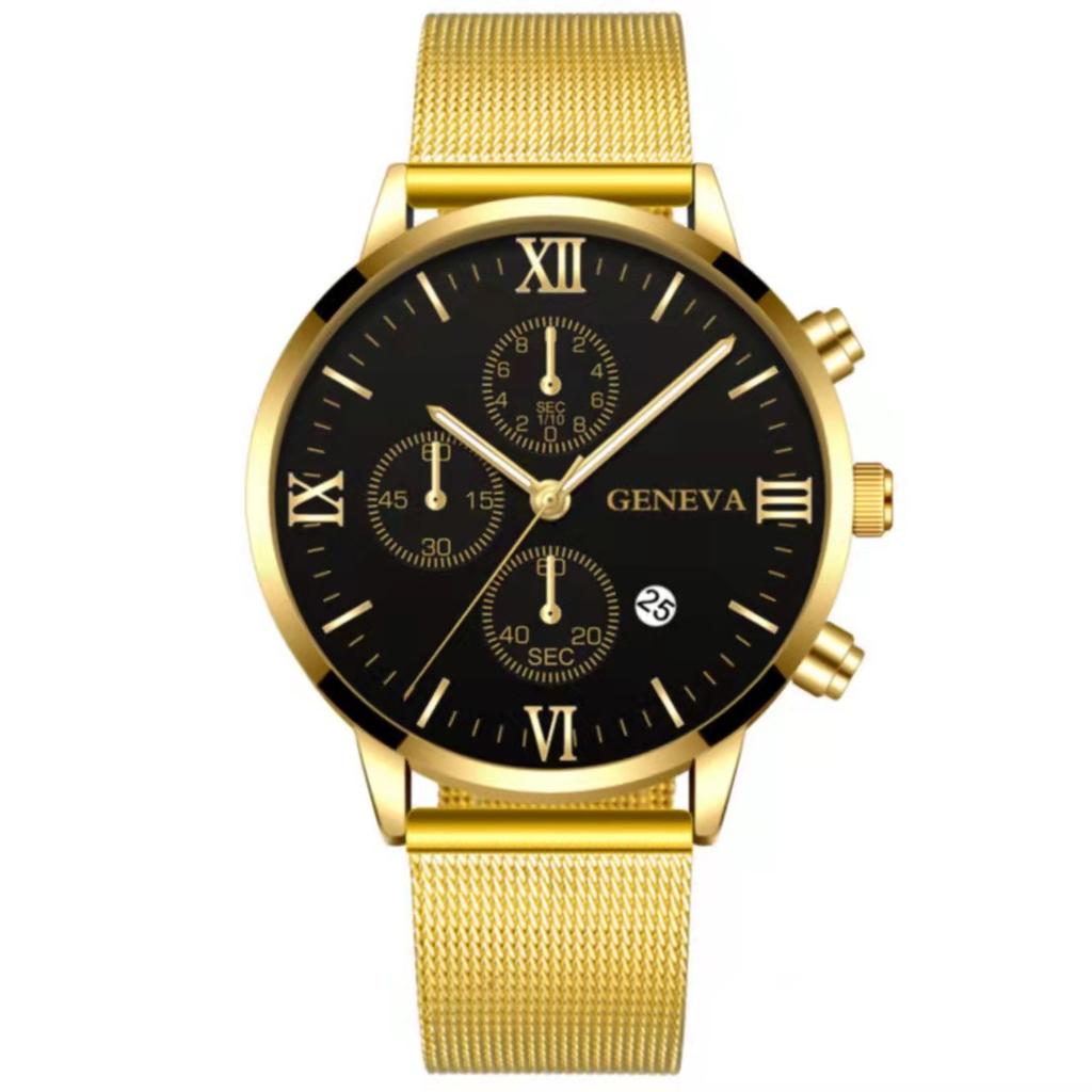 Mesh Belt Men With Calendar, Fake Three-Eye Business Leisure Boys Gift Quartz Watch