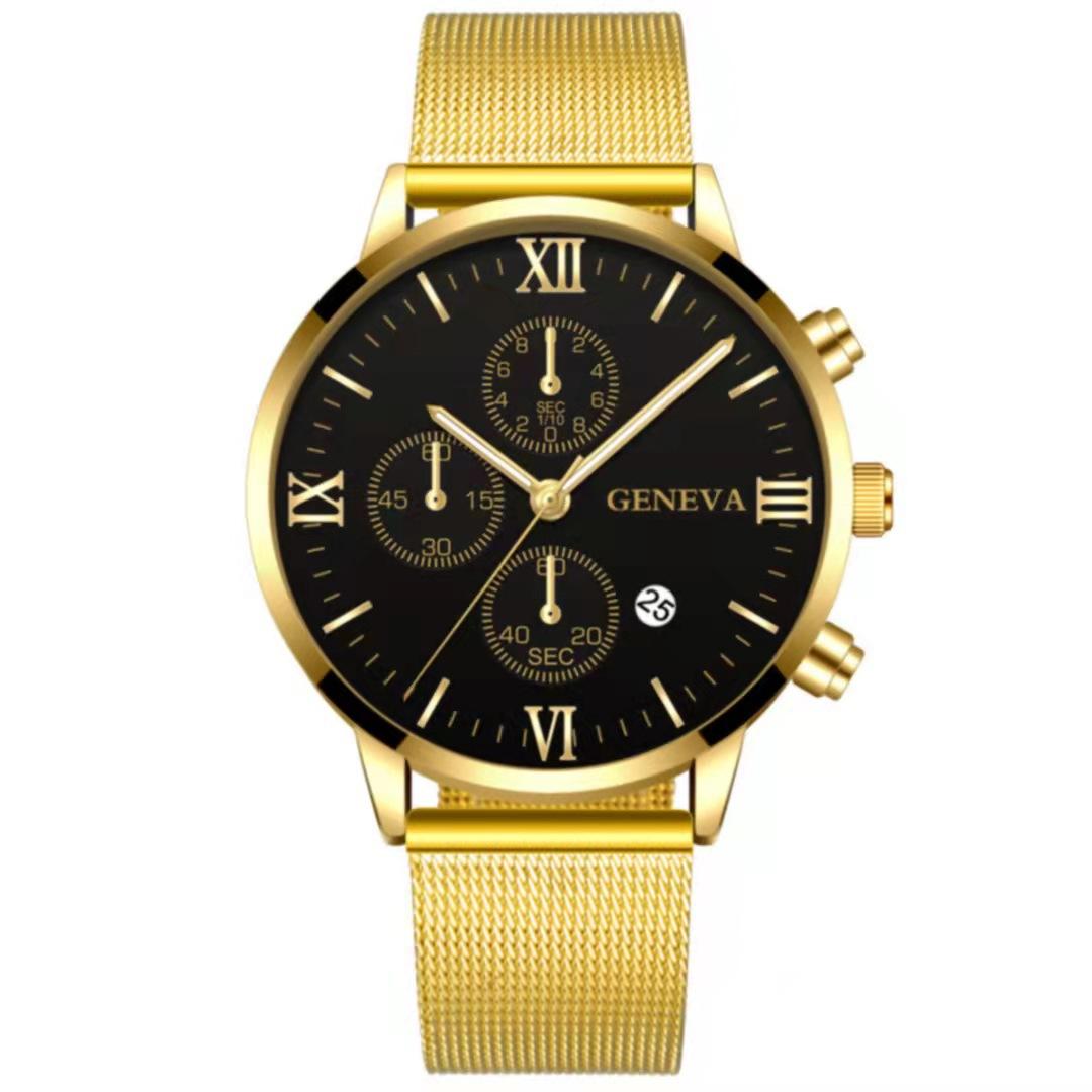 Mesh Belt Men With Calendar, Fake Three-Eye Business Leisure Boys Gift Quartz Watch