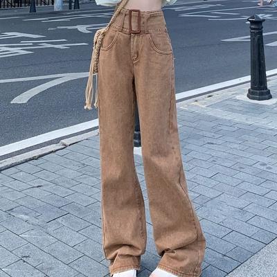 Jeans da moda para mulheres, vintage, streetwear, cintura alta, perna larga, calças com cinto, elegante, faculdade, solta, casual, calças