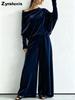 Velvet Wide Leg Pants Set for Women High Waist Palazzo Trousers Top
