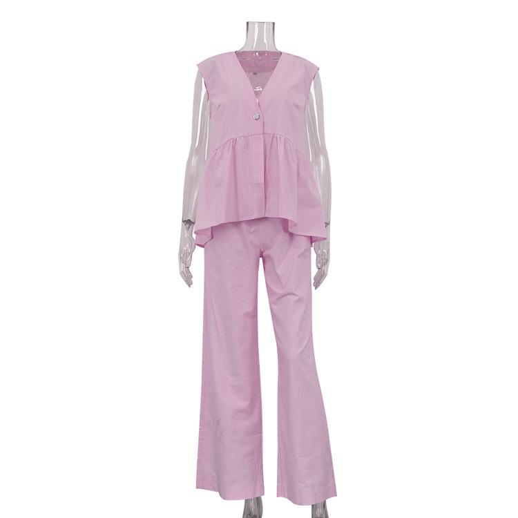 2025 Women's European-American Solid Color V-Neck Sleeveless Top & Long Pants Two-Piece Set - Stylish & Comfy
