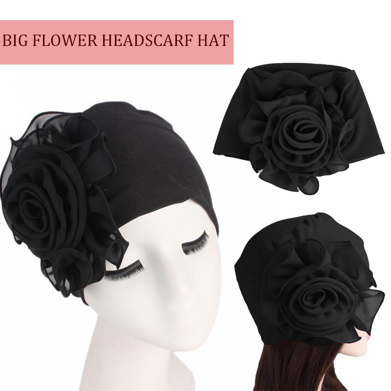 1Pc Head Cap Muslim Head Wraps Women Hair Accessories Solid Color Fashion Turban Hat Elastic Cloth Big Flower
