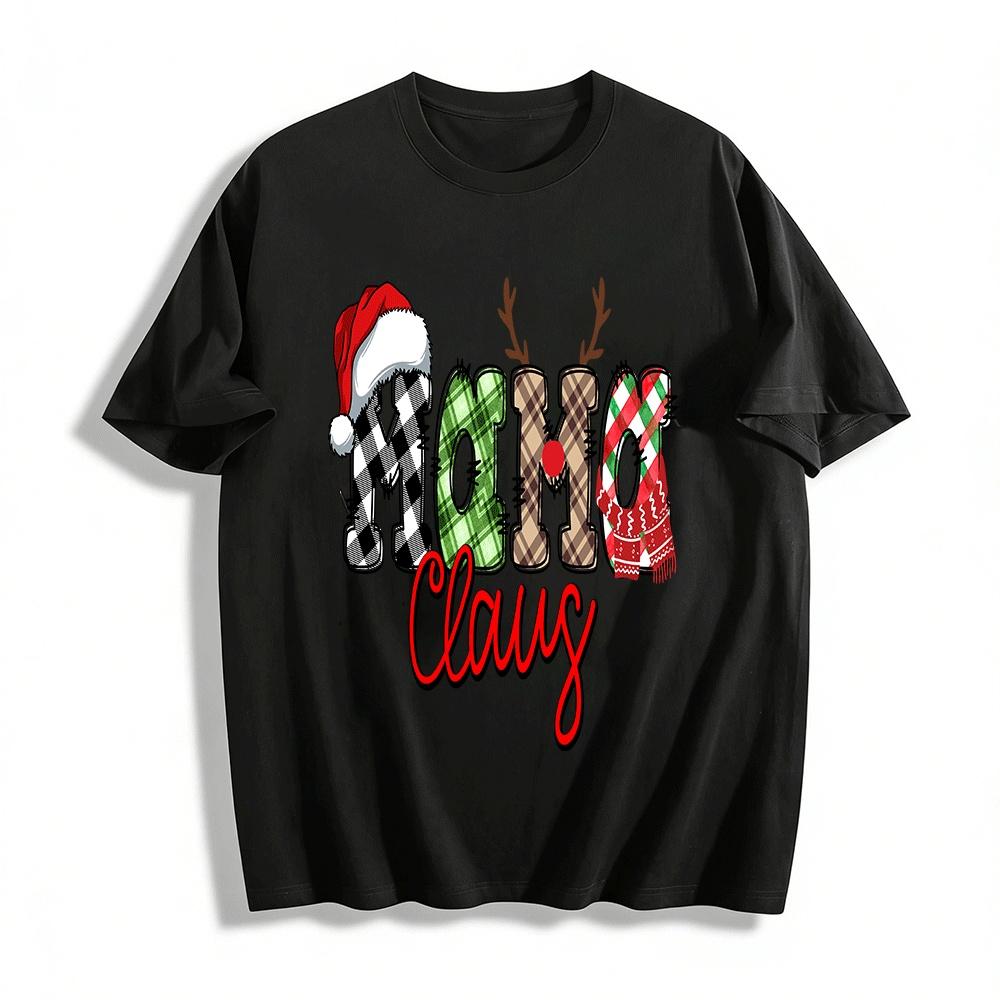 Mama Claus Plaid Print Christmas Themed Casual Top For Women Pure cotton T-shirt XXS