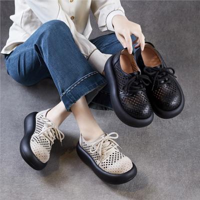 Hollow Out Thick Soled Shoes Genuine Leather Breathable Lace-up Women's Platform Sandals