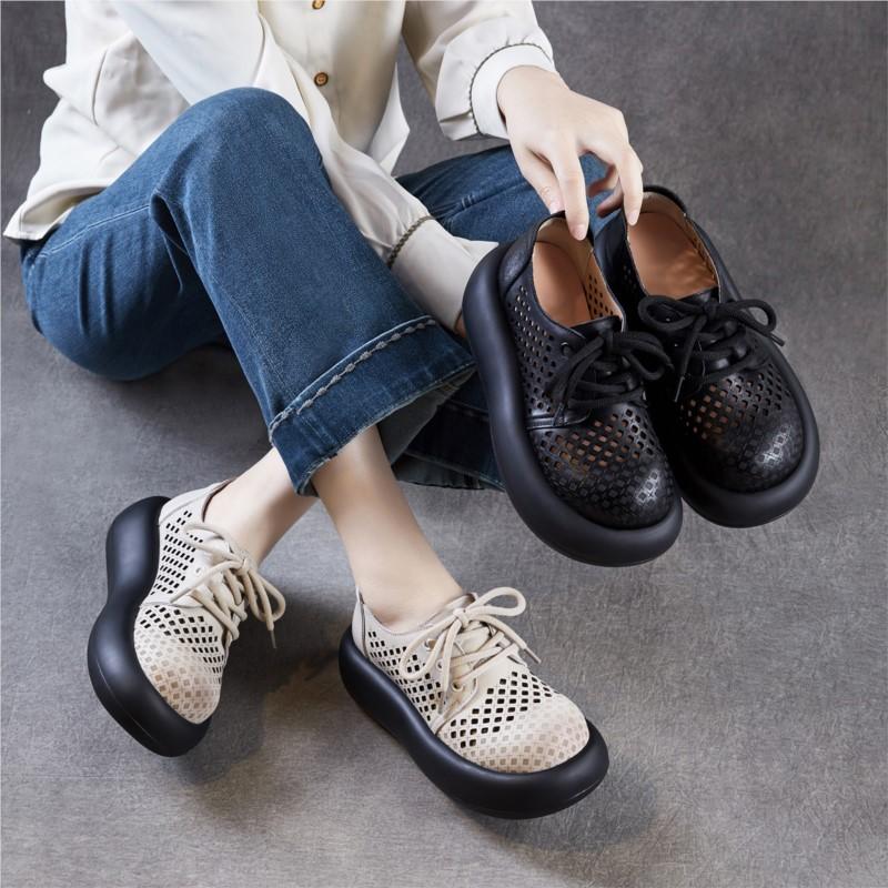 Johnature Hollow Out Thick Soled Shoes Genuine Leather Breathable Lace-up Women's Platform Sandals