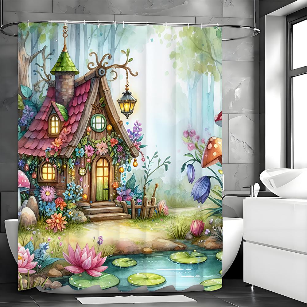 

Лесная хижина Цветок Растение Дерево Озеро Шторка для душа, Декоративная шторка для душа для ванной комнаты, Водонепроницаемая шторка для душа с крючками 90*180cm