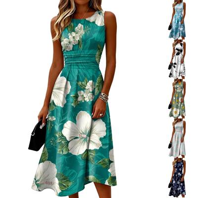 Women Sleeveless Crew Neck Casual Dress with Floral Print A Line Silhouette and Pleated Waist for Everyday Wear
