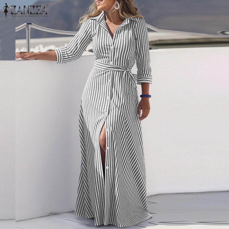 ZANZEA Women Turn Down Collar Casual 3/4 Sleeve Long Shirt Dress