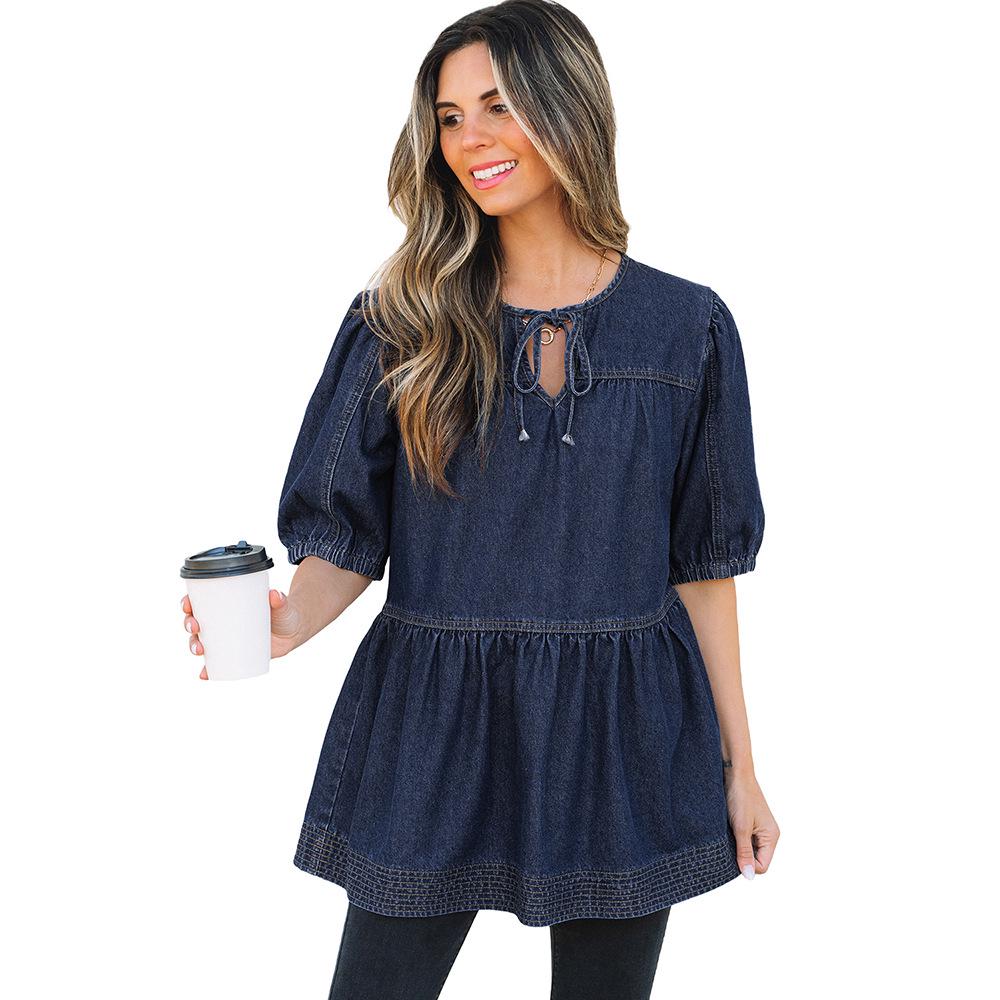 

Женский джинсовый топ средней длины с V-образным вырезом, завязкой на талии и короткими рукавами - Летний однотонный S темно-синий