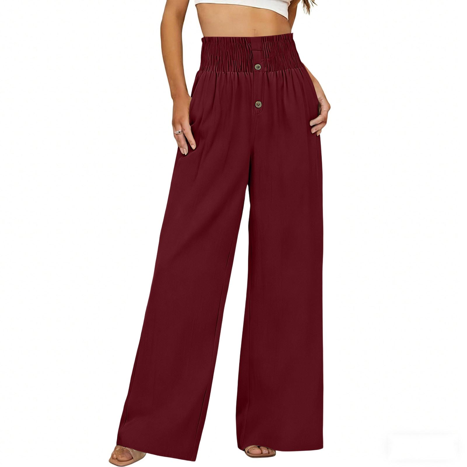 

Women’s High Waist Wide Leg Pants Loose Fit Elastic Waistband Button Front Casual Long Trousers Lightweight Fabric M винний