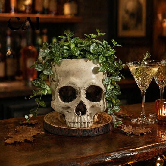 Unique Niche Decoration Halloween Retro Skull Planter, Spooky Gothic Human Head Flower Pot, Atmosphere Prop Skeleton Candy Bowl for Tabletop Home Bar