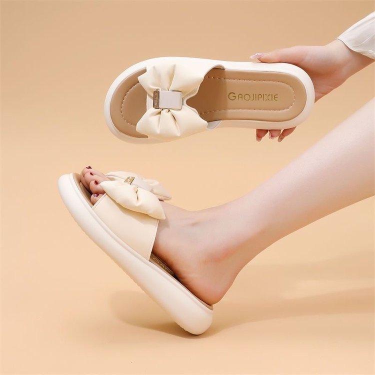 Popular soft-soled bow slippers women's 2025 summer new outer wear one-word comfortable and fashionable versatile platform sandals