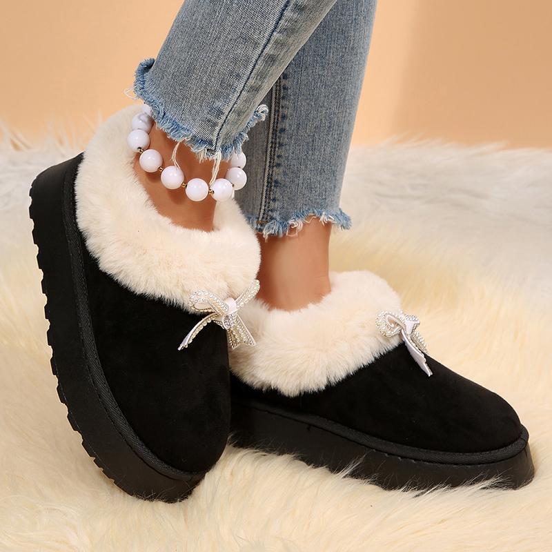 Crystal Bowknot Faux Fur Snow Boots Women Winter Warm Thicken Plush Platform Ankle Boots Woman Non Slip Thick Sole Cotton Shoes