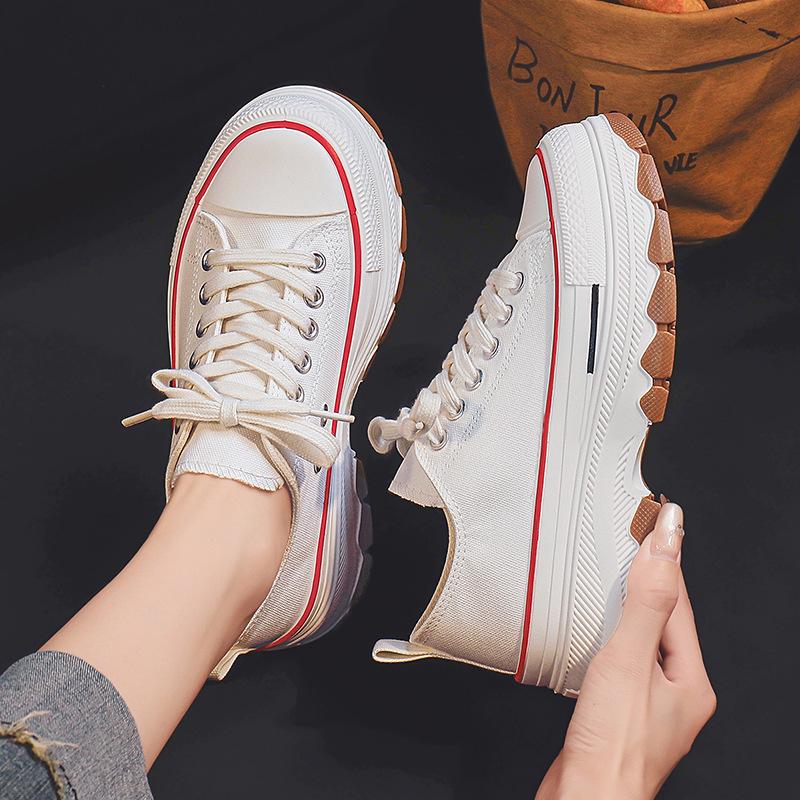 Women's Thick-Soled Canvas Shoes, Lifted Round-Toe Lace-Up, Classic All-Match, Spring/Summer Style 2801